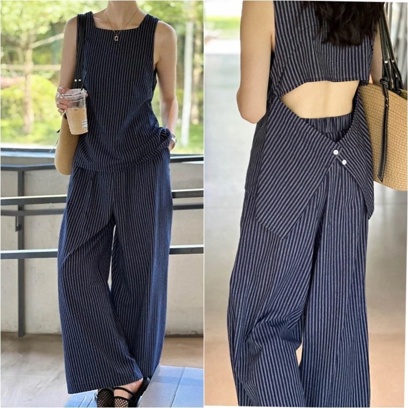 【急速出荷!】2024新作 セットアップ ノースリーブ ストライプシャツ ワイドパンツ 透かし彫り 美背 ストレート 感　怠惰な風 着やせ ゆったり 着やせ 気質 感　 韓国ファッション