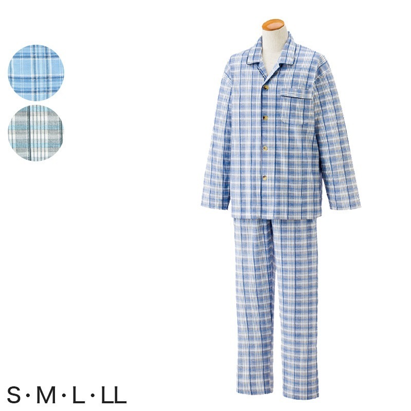 紳士 ワンタッチテープ＋腰開きパジャマ 上下セット S～LL (メンズ 綿混 ワンタッチテープ マジックテープ式 おむつ交換 介護)（送料無料） (取寄せ)