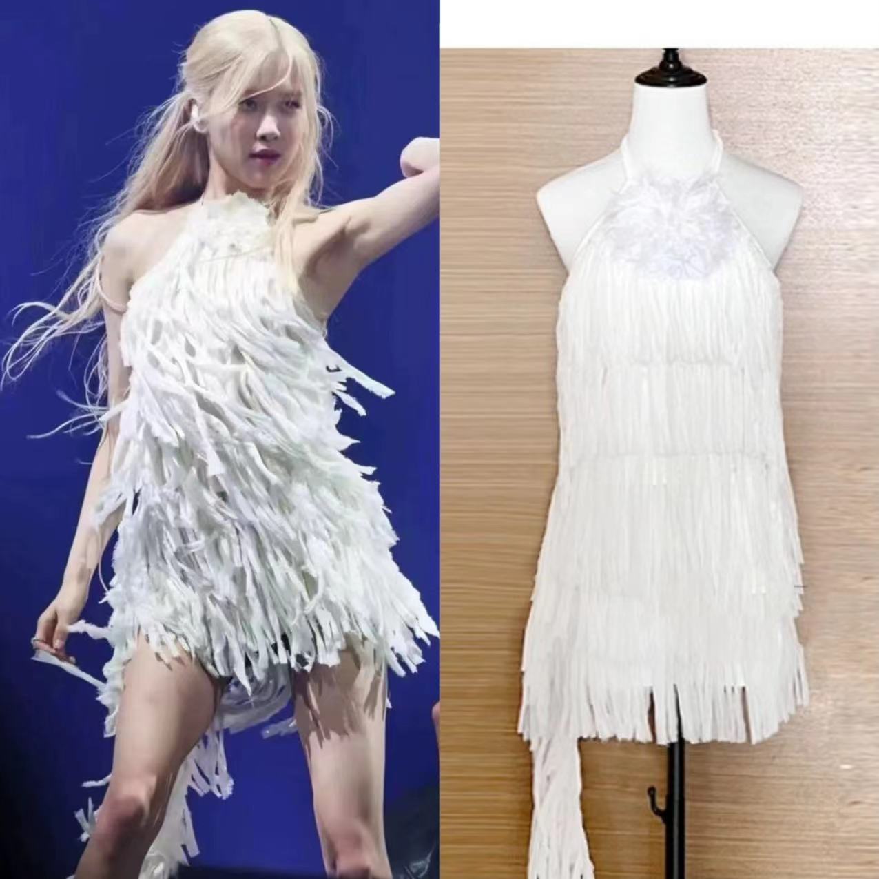 白いホルターネックの背中の開いたタッセルドレスを着たパク・チェヨンのソミコンサート性欲