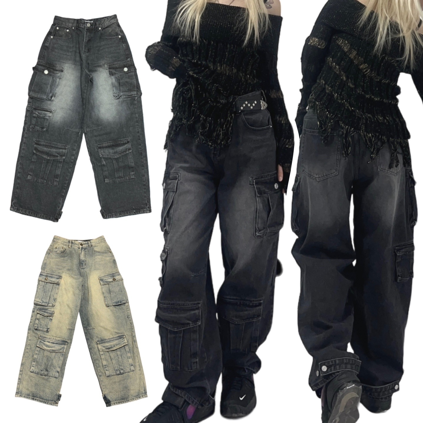 [UNISEX] マルチ ポケット カーゴ ジーンズ (2color)