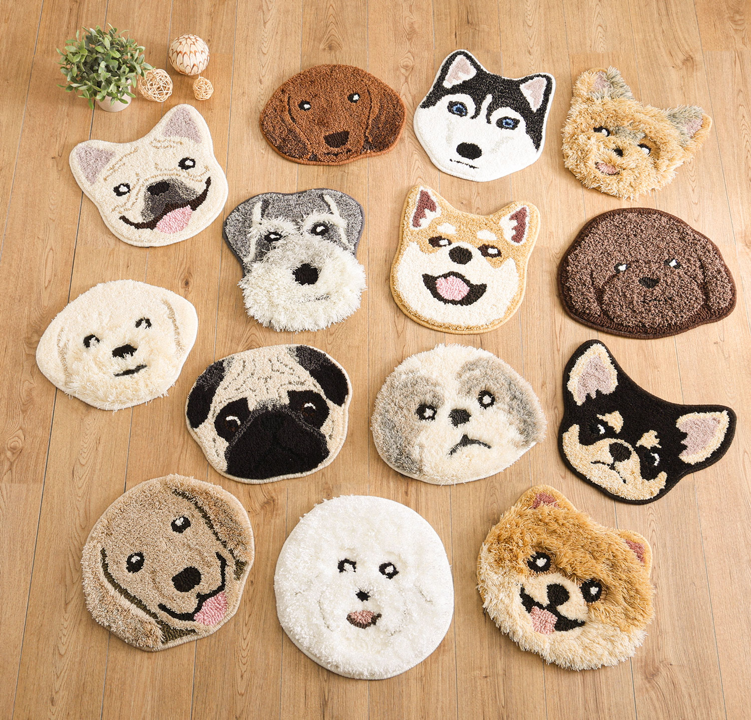 ラグ マット 洗える 犬 犬種 イヌ ドッグ 顔 dog わんこ 丸形 円形 ウォッシャブル イヌカオマット かわいい サイズ35-41cm