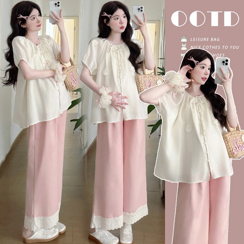 マタニティ夏新作ルーズトップス＋レーススプライシングワイドパンツ2点セット マタニティウェア