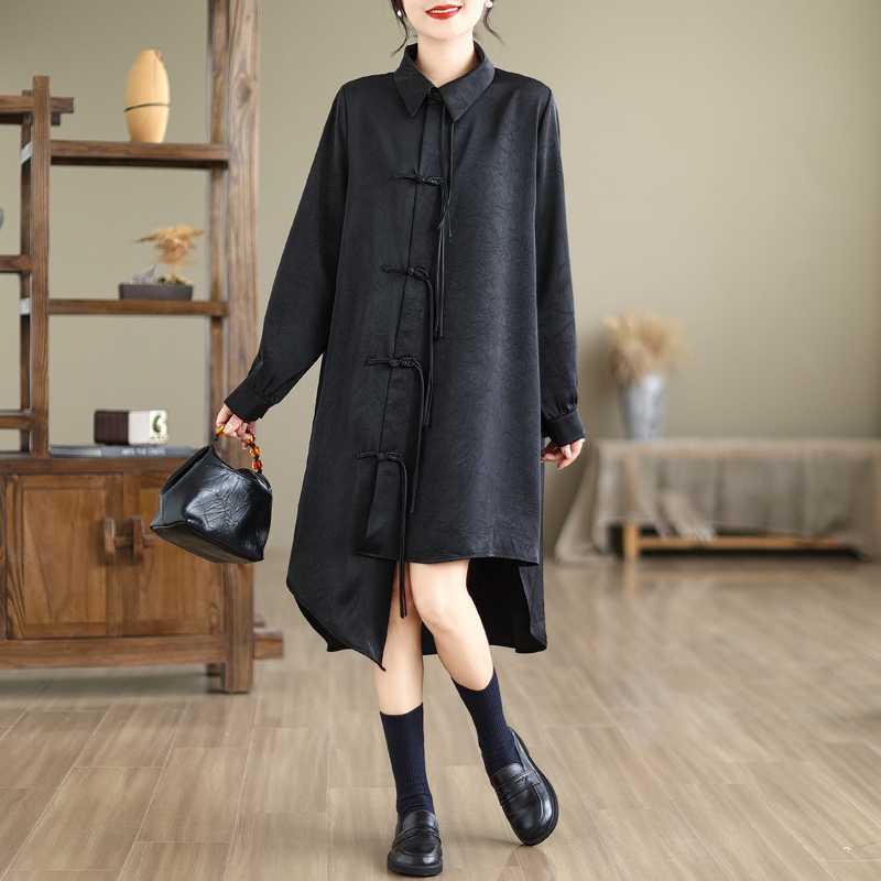 レディース 2025秋新品 長袖 体型カバー ワンピース メガ割 ミドル丈 チャイナ風 「ファットガール」 大きいサイズ ワンピース 中華風