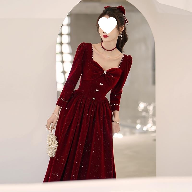 大規模なサイズのスーツ花嫁秋のワインレッド長袖ウェディングエンゲージメントリターンドレス脂肪とスリム