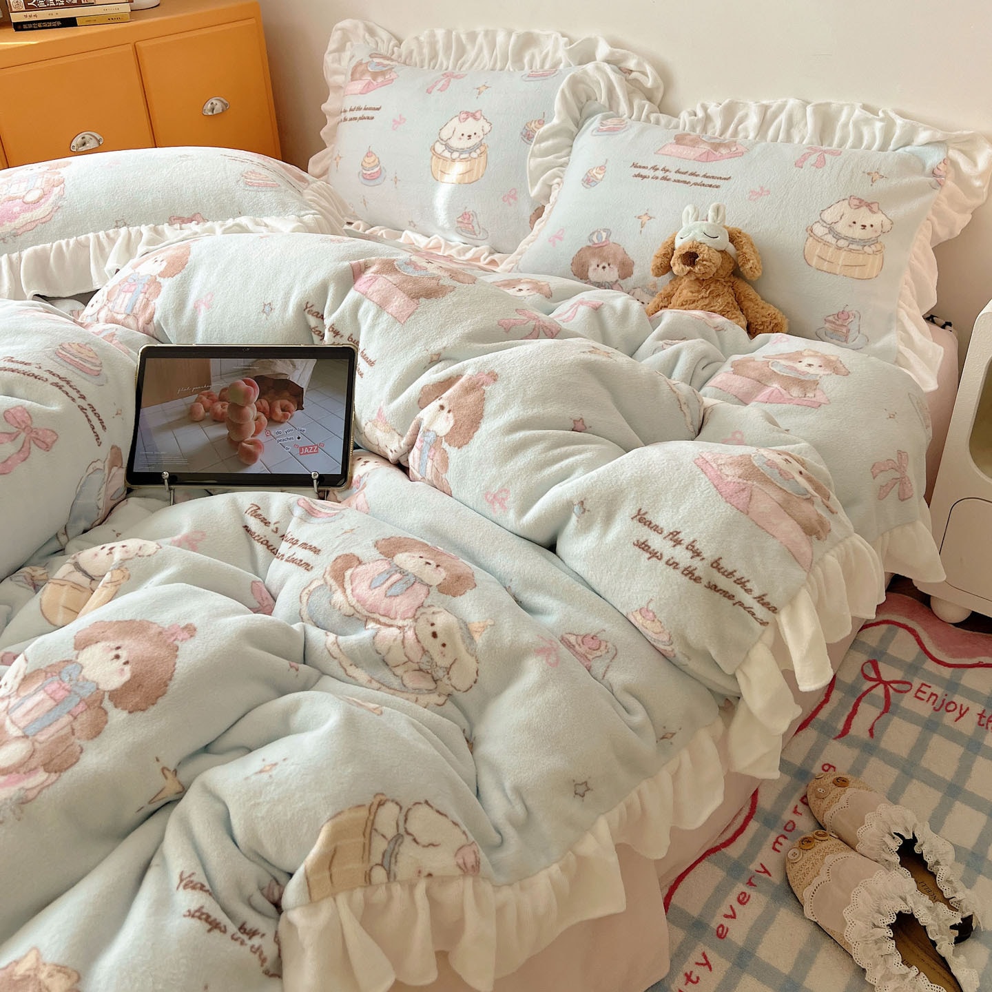 カートゥーン ミルクボア 4点セット 小清新 かわいい ボア カバー プリンセス風 レース A類