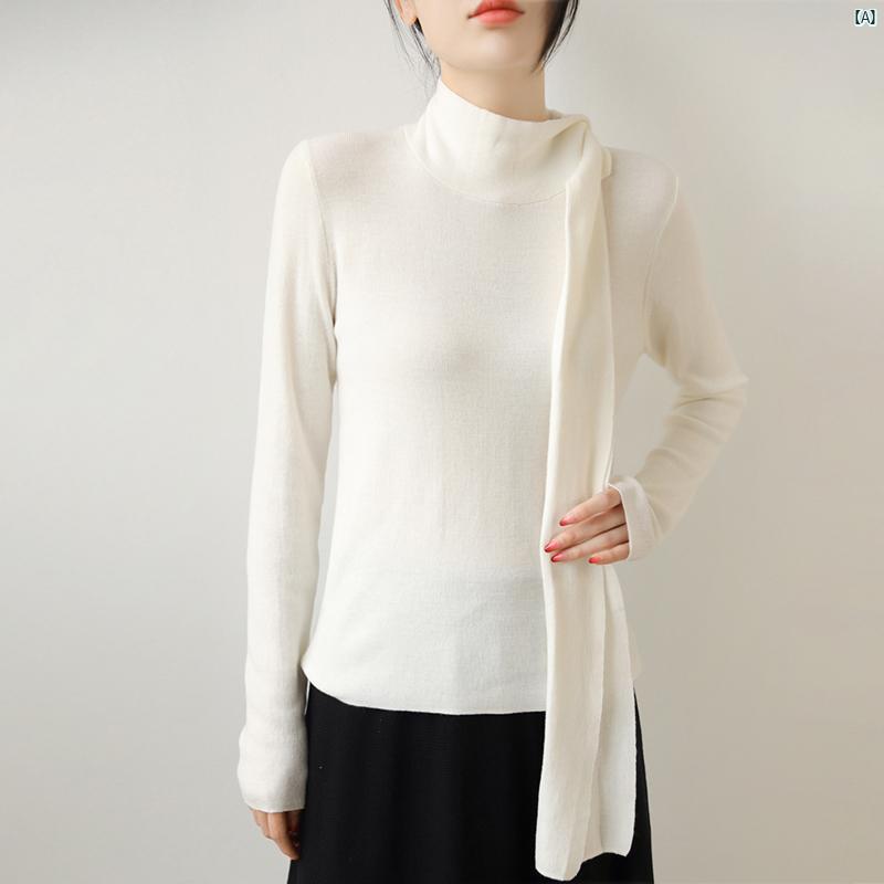 レディース ファッション　レディース　カジュアル　上品　綺麗　外出 フェイク 2点 スカーフ カラー プルオーバー ウール スリムフィット セーター 秋冬 長袖 アウター リボン