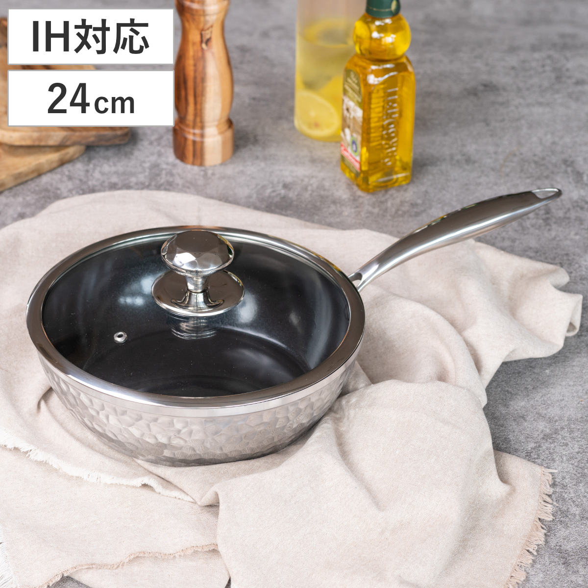フライパン 24cm 深型 IH対応 槌目鍛造 セラミックコート ガス火対応 炒め鍋 いため鍋 セラミック加工 24センチ アルミ製 槌目加工 ガラス蓋付き 片手鍋 厚底 丈夫 耐久性 5,950円