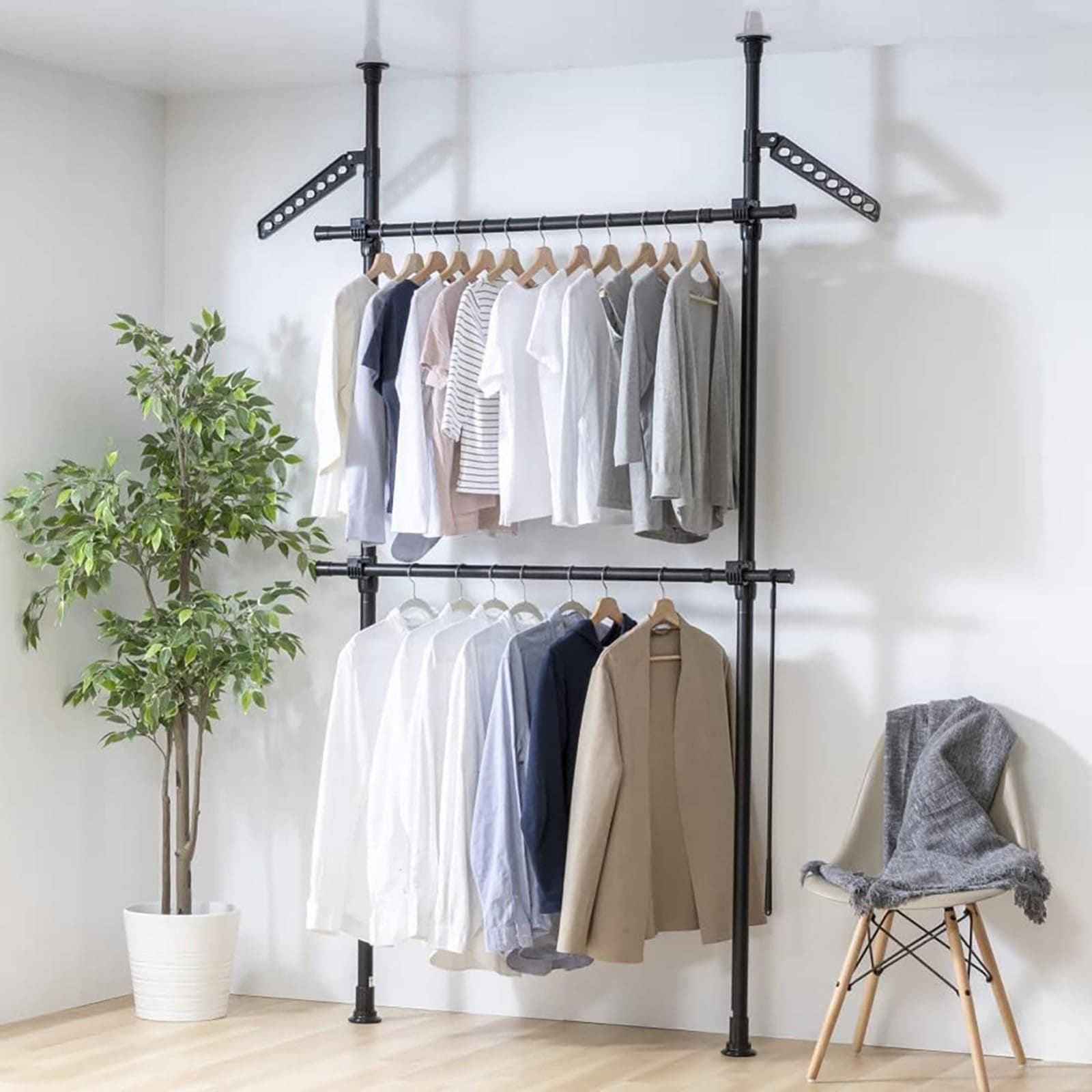 突っ張りハンガーラック 2段 スリム 省スペース 突っ張りポールハンガー 縦横伸縮 横105-194cm 縦110-320cm 全体最大耐荷重80kg おしゃれ 大容量 頑丈 室内物干し 寝室・玄関・