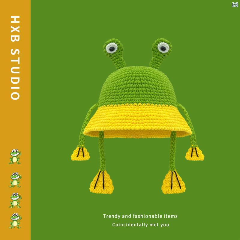 帽子　冬　かわいい　　ファッション 秋冬 面 ホワイトくて かわいい カエル ウール 帽子 暖かい 顔 小柄 漁師 カラー ブロック ニット 帽