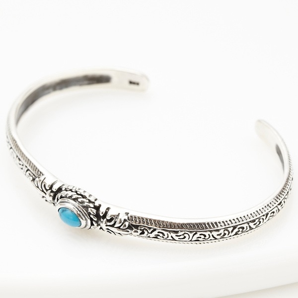 メンズブレスレット　腕輪　バングル　ターコイズ　アラベスク柄　細身　ワイルド