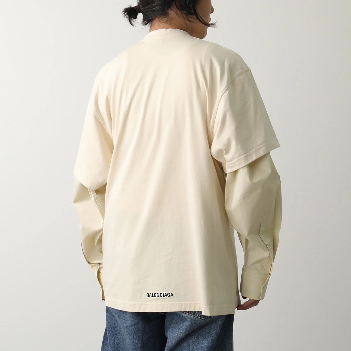 BALENCIAGA バレンシアガ カットソー 698631 TLVF3 メンズ レイヤード ドッキング Tシャツ 長袖 ロゴ刺繍 コットン クルーネック 9026