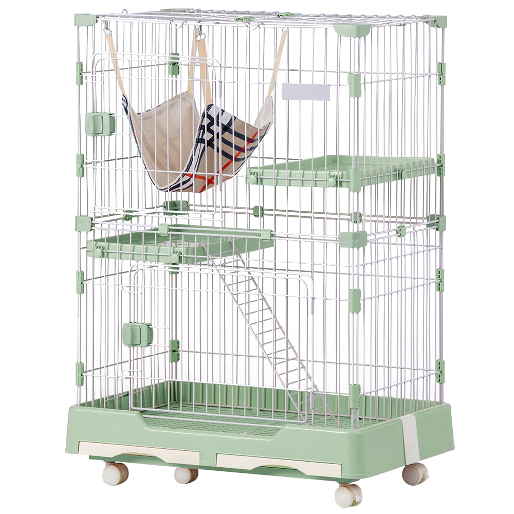 猫 ケージ キャットケージ ペットケージ キャスター付 猫ゲージ 大型 多頭飼い ネコドア キャットハウス 1段2段可能 留守番 保護 脱走防止 おしゃれ Green Acrylic