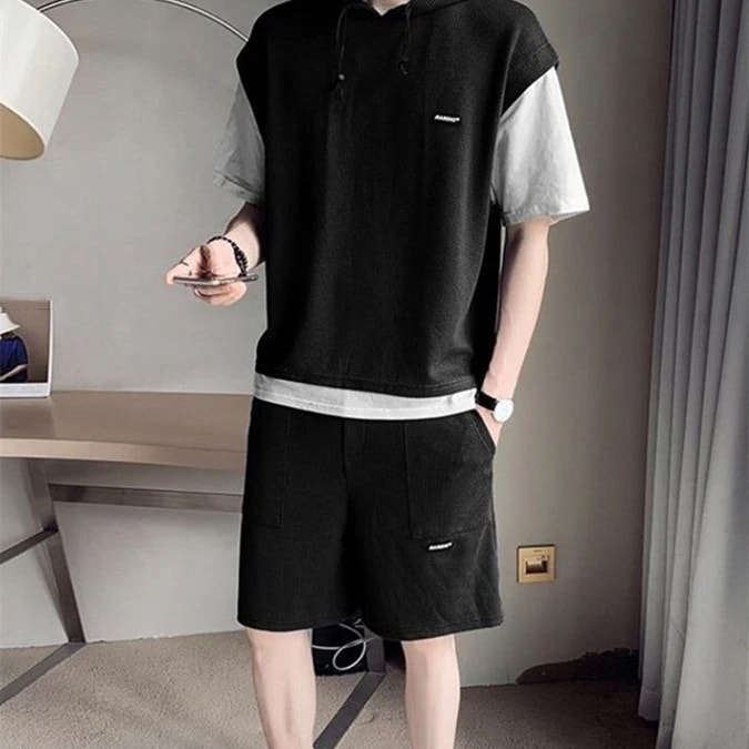 Tシャツ メンズ ショートパンツ スウェット セットアップ 半袖重ね着 2点セット カジュアル