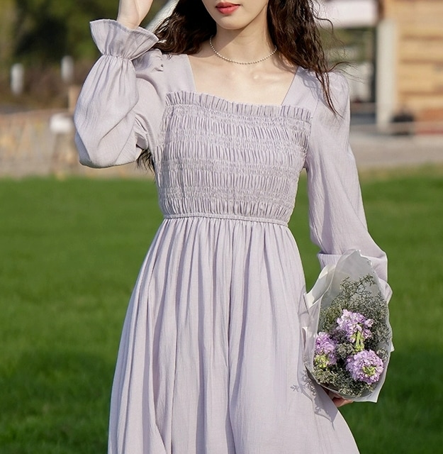 パフスリーブ スクエアネック チェック ウエストマーク ワンピース ロング丈 長袖 デコルテ セミフレア 細身 ストレート スマート シフォン フリル 薄手 かわいい 大人可愛い シンプル カジュアル