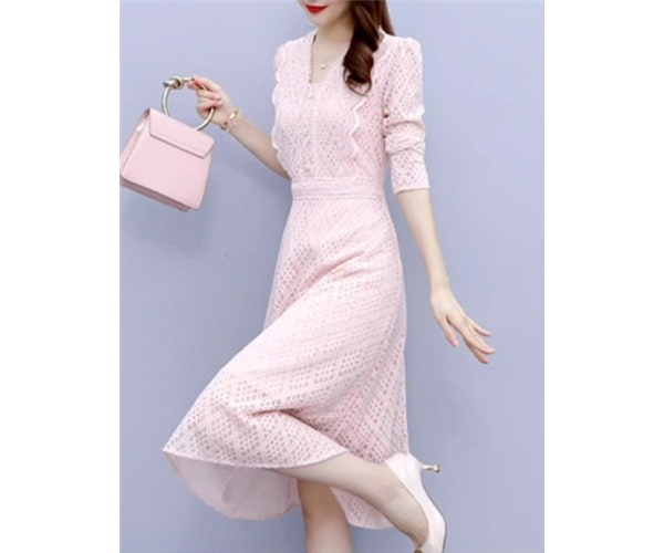 レディース ワンピース ドレス 膝丈 ミドル丈 長袖 Vネック フェミニン レース ウエストマーク かわいい 大人可愛い きれいめ 上品 おしゃれ レトロ ガーリー エレガント ラブリー キュート
