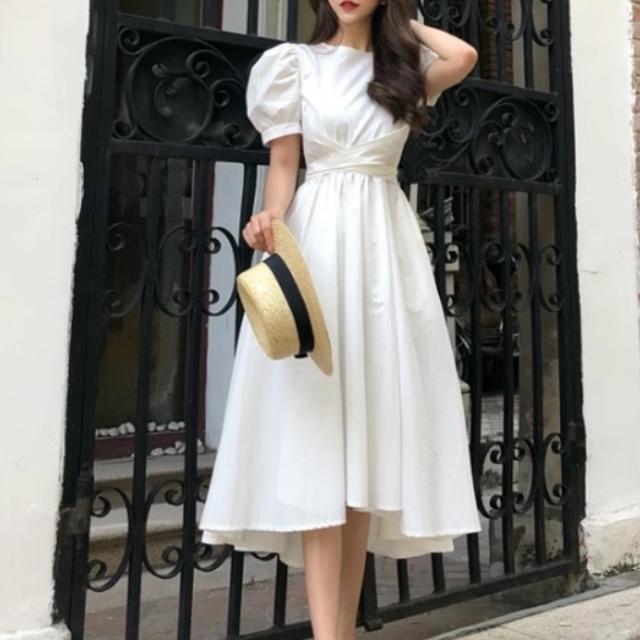 レディース スカート ワンピース ドレス フレアスカート ロングスカート ミモレ 半袖 パフスリーブ ラウンドネック フレア スリム ハイウエスト かわいい 大人可愛い きれいめ シンプル カジュアル