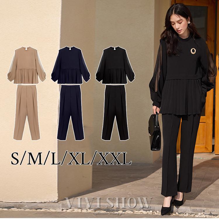 オケージョンセットアップ 結婚式 パーティー 大きいサイズ 入学式 卒業式 パンツ シースルー袖 20代 30代 40代