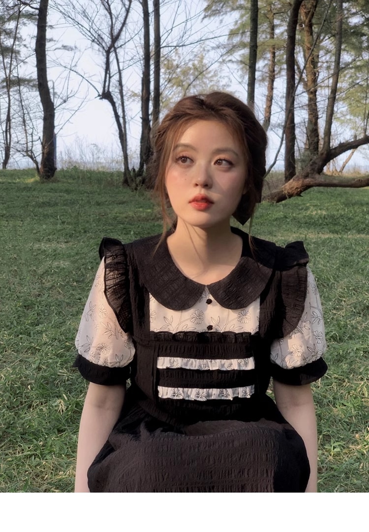 プラスサイズ 女性 ドレス 夏 甘い 花柄 レース ドレス 個性的 ワンピース 膝下 袖あり 半袖 パフスリーブ 襟付き かわいい 大人可愛い 大人 上品 おしゃれ お洒落 クール モード系 花柄