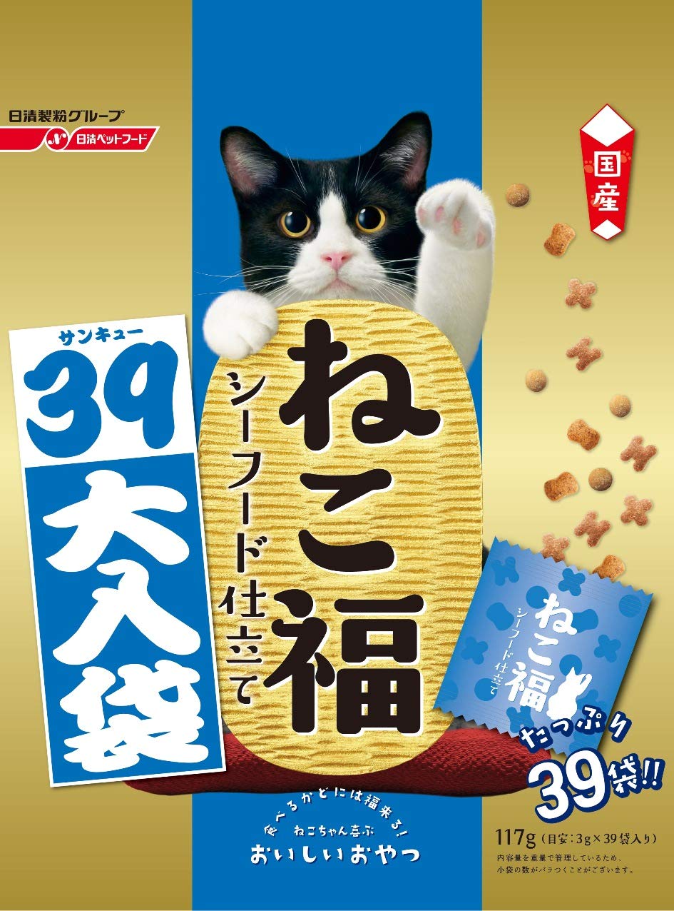 ペットライン ねこ福 猫用おやつ 39大入り袋 シーフード仕立て おやつ スナック トリーツ ドライ 国産 小分け 大容量 117g(3g ×39袋入) (ケース販売)