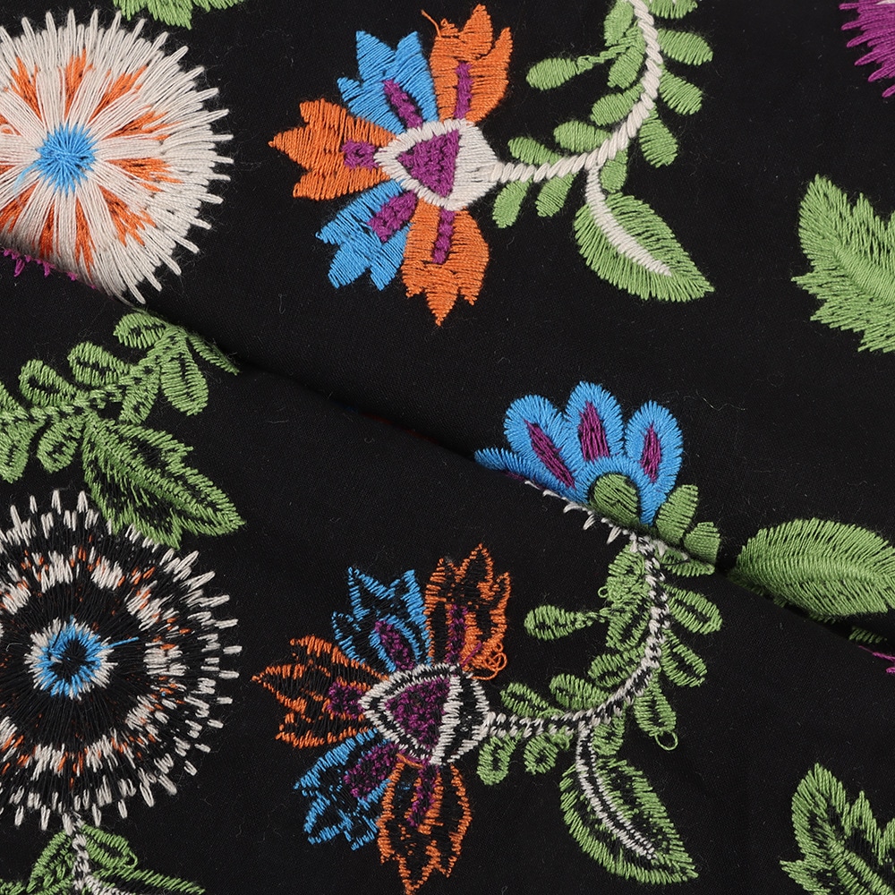 125cm幅 90cm単位 刺繍生地 生地 布 布地 刺繍布 綿麻生地 花柄 黒