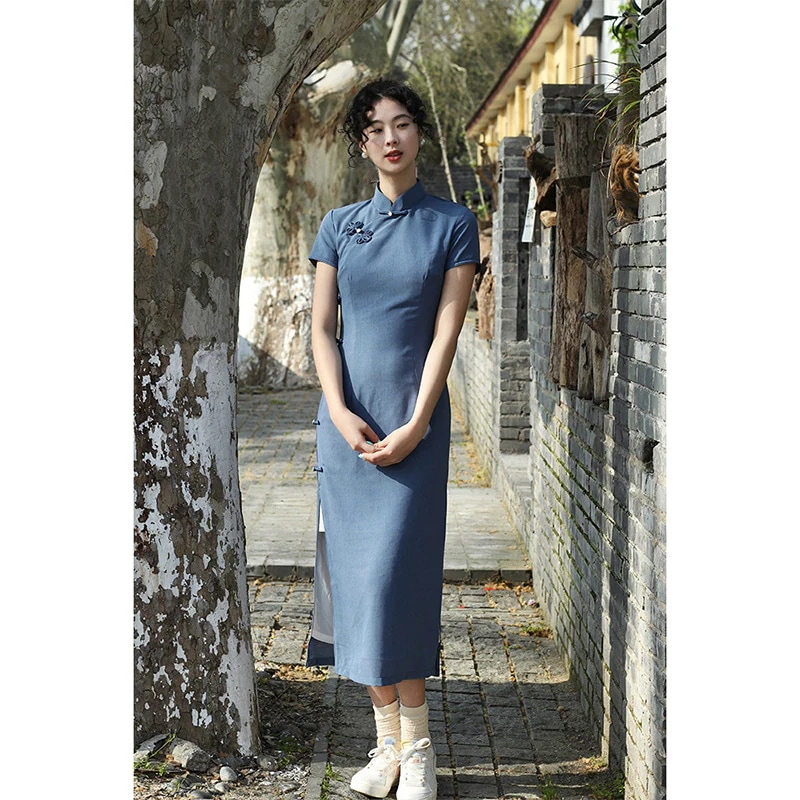 ワンピースドレスドレス文学的で芸術的な新しいスタイルのナンシャンナンデイリー気質スリムと改善された女の子レトロチョンサムドレスサマー