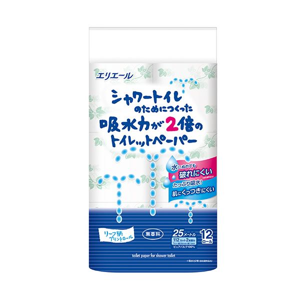 （まとめ） 大王製紙エリエール シャワートイレのためにつくった吸水力が2倍のトイレットペーパー ダブル 芯あり 25m 無香料1パック（12ロール） (×5セット)