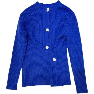 トップス カーディガン 袖あり 長袖 クルーネック 襟なし アシンメトリー デザイン ボタン 美ライン リブ 前開き 2way 伸縮性 ニット カラバリ かわいい 大人可愛い きれいめ シンプル