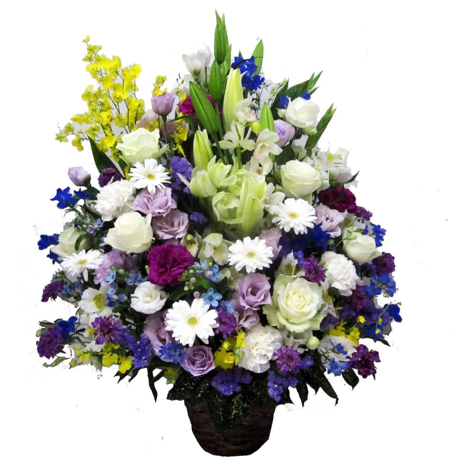 お供え お悔み 法要 四十九日 生花 フラワーアレンジメント ユリ 入り 特大 サイズ 高さ75～80cm (おまかせ（白含め3色）)