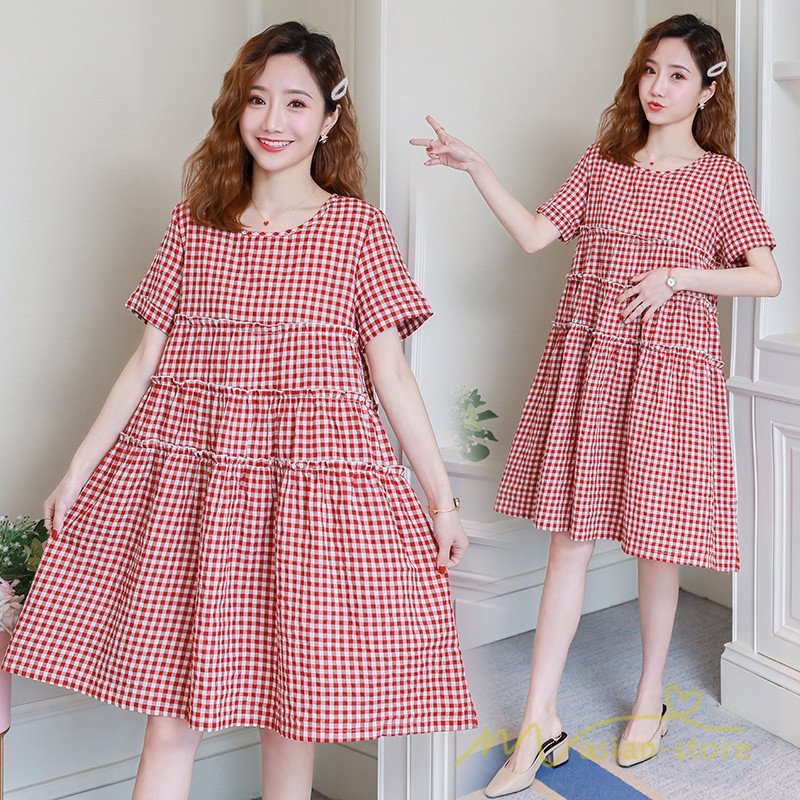 マタニティ ワンピース 夏 ママ服 チェック柄 フレアワンピース レディース 女性着 バーゲンで 産前 産後 大