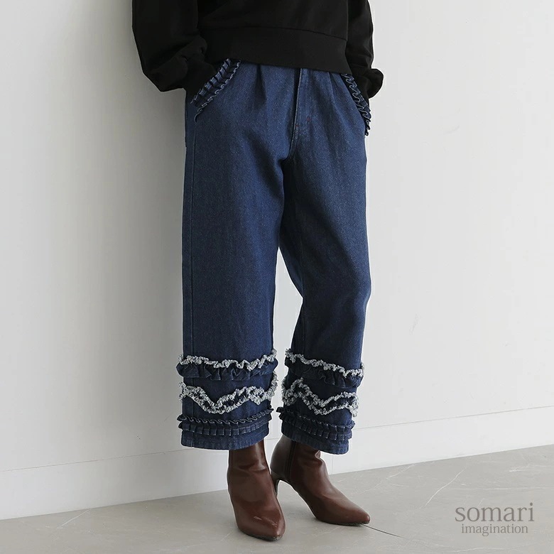 デニム レディース パンツ ボトムス ジーンズ ジーパン ストレート ワイド レース フリル ヴィンテージ レトロ クロップド丈 フリンジ 綿 綿100％ ぽっちゃり 体型カバー 大きいサイズ 青