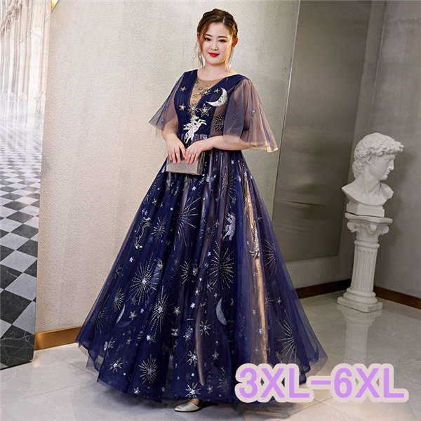 パーティードレス 大きいサイズ 大人 ピアノ 発表会 ロングドレス 演奏会 結婚式 ワンピース 成人式 フレア袖 体型カバー 同窓会 ドレス 星柄 月 おしゃれ 披露宴 お呼ばれドレス 韓国風 3XL