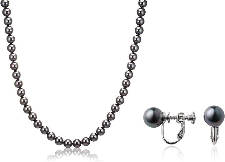 人工真珠 ナチュラル パールネックレス 冠婚葬祭 日本製( ブラックイヤリングセット, ［03］ 全長45cm)