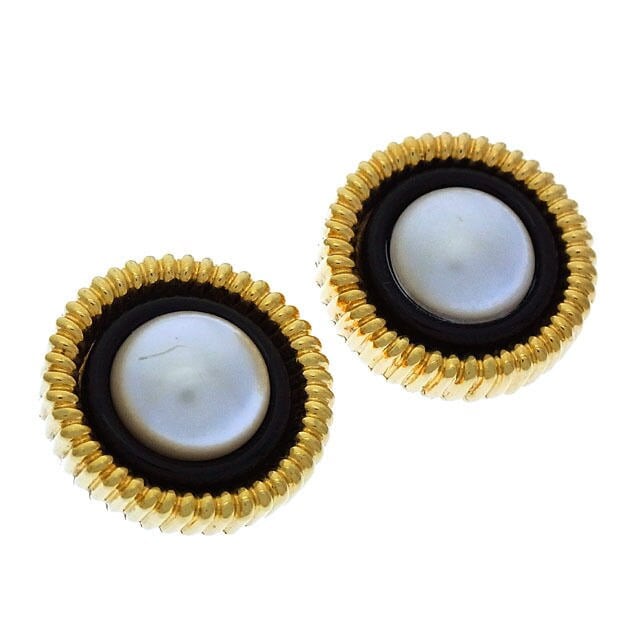 イヤリング アクセサリー パール付き ラウンドフォルム パールホワイト ブラック ゴールド 中古