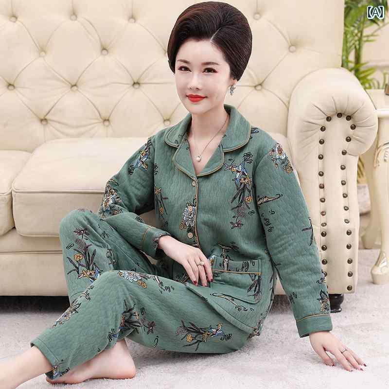 ルームウェア 部屋着 レディース 長袖 婦人 ミセス 高齢者 秋冬 サンドイッチ パジャマ 綿 薄手 キルティング スーツ