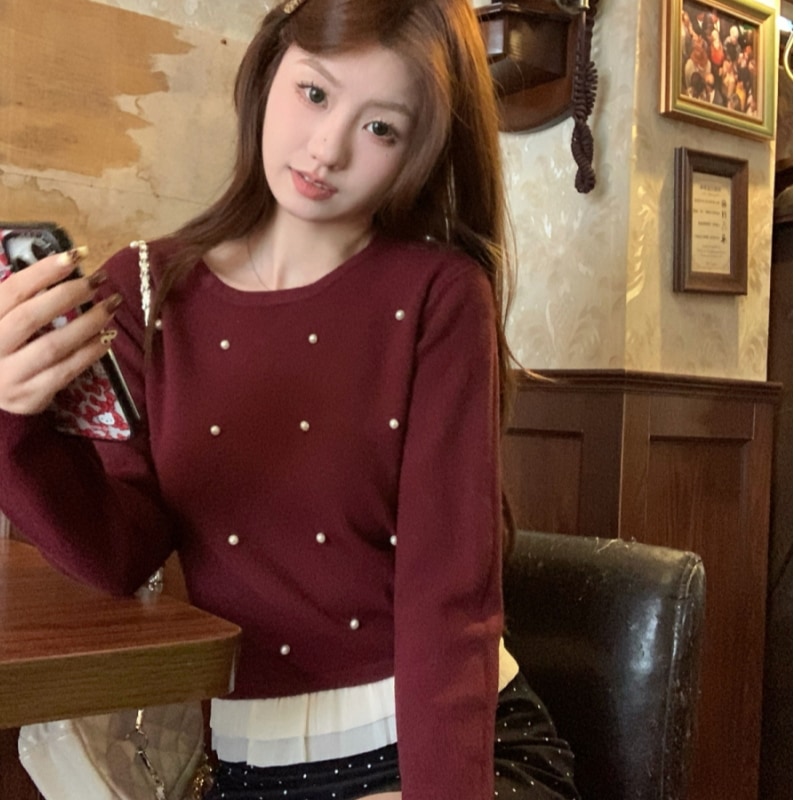 装 韓国風スウィート スタッズビーズ装飾 パッチワークデザイン アンディフリースニット インナー用 ロングスリーブセーター 女性用