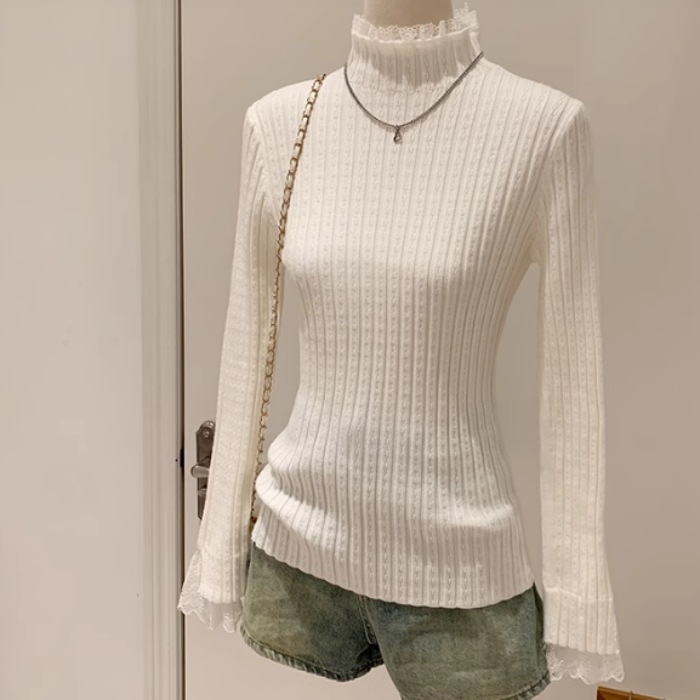 レディース トップス ニット セーター プルオーバー 長袖 萌袖 ハイネック スリム 細身 スマート フェミニン レース 伸縮性 かわいい 大人可愛い きれいめ シンプル カジュアル 上品 おしゃれ