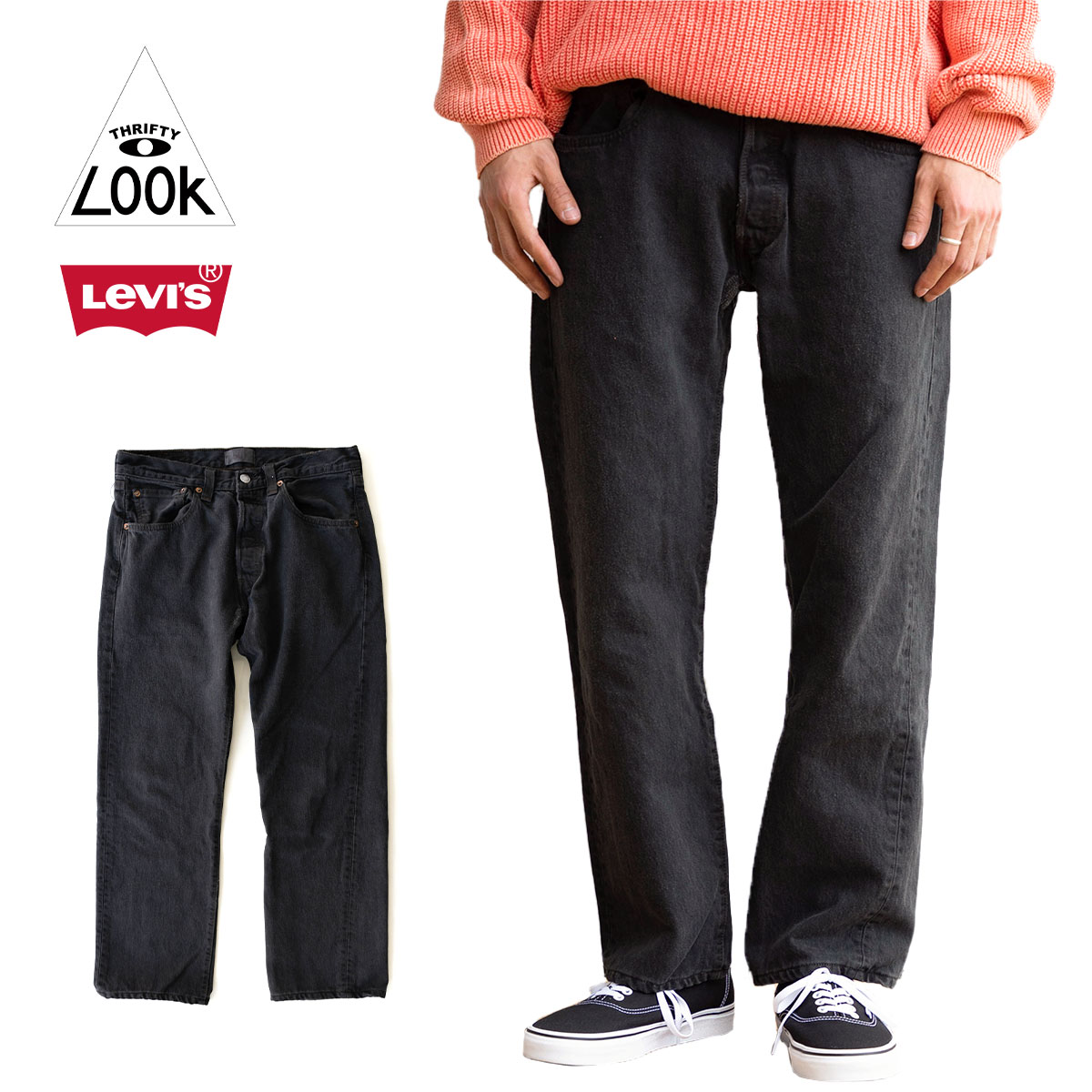スリフティールック パンツ THRIFTY LOOK リーバイス デニム リメイクパンツ Black Levis 501 Good Length カジュアル ストリート シンプル 無地 ポケット