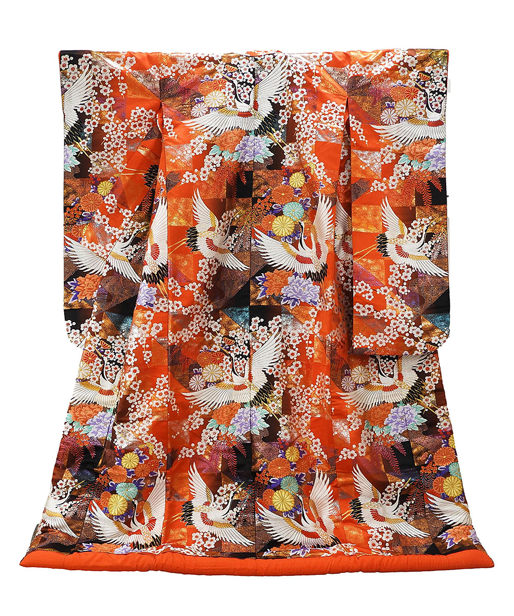 色打掛 正絹 舞鶴市松四季花模様 打掛 花嫁衣裳 婚礼 良品 リサイクル 中古 ブライダル ウエディング 着物 e3119