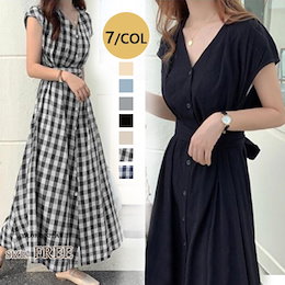 ★SALE★《自社製品- 綿麻 》新品 Vネック 長袖タイプ 半袖 ウエストマーク タックロングリネンライクワンピース 大人レディな印象のタック入りフレンチスリーブシャツワンピース