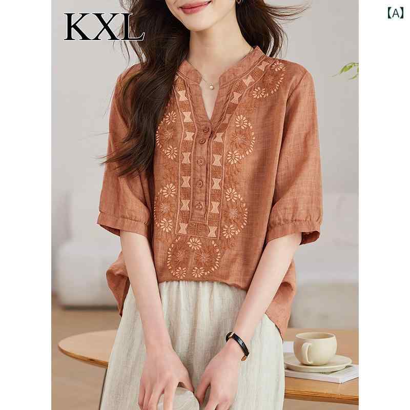 トップス レディース おしゃれ 上品 通勤 オフィス カジュアル 夏 チャイナ風 シャツ 体型カバー 刺繍 花 シャツ