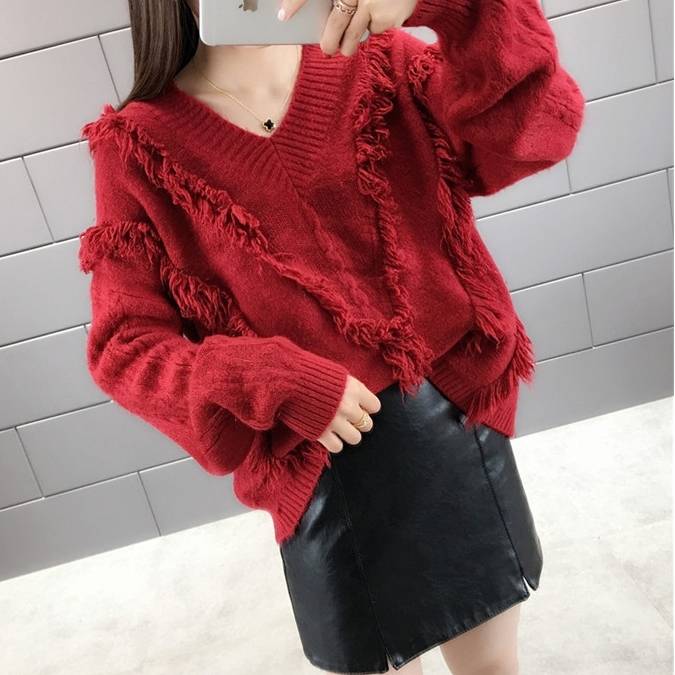 モヘア Vネック ニット レディース トップス カットソー 4色 プルオーバー トップス フェイクファー 長袖 オーバーサイズ ニット サマーニット 大人可愛い きれいめ 上品 大人女子 レッド ホワ