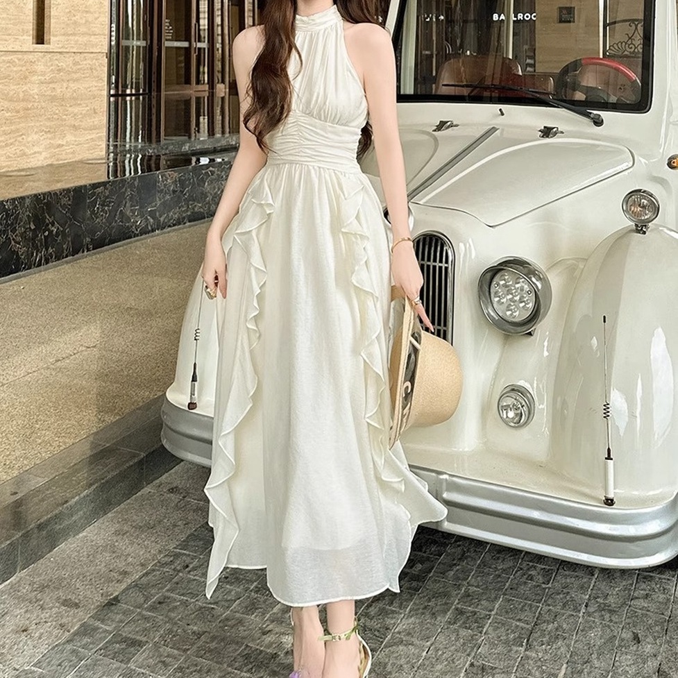 ワンピース ドレス ロングワンピース シフォンワンピース ドレスワンピース ノースリーブワンピース ノースリーブシフォンフリルロングワンピース ハイネック ノースリーブ フレア ロング丈 ハイウエスト