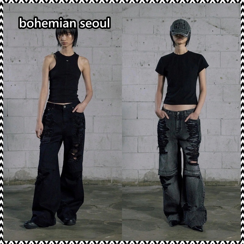 bohemian seoul KNEE OPEN RIPPED WIDE JEANS