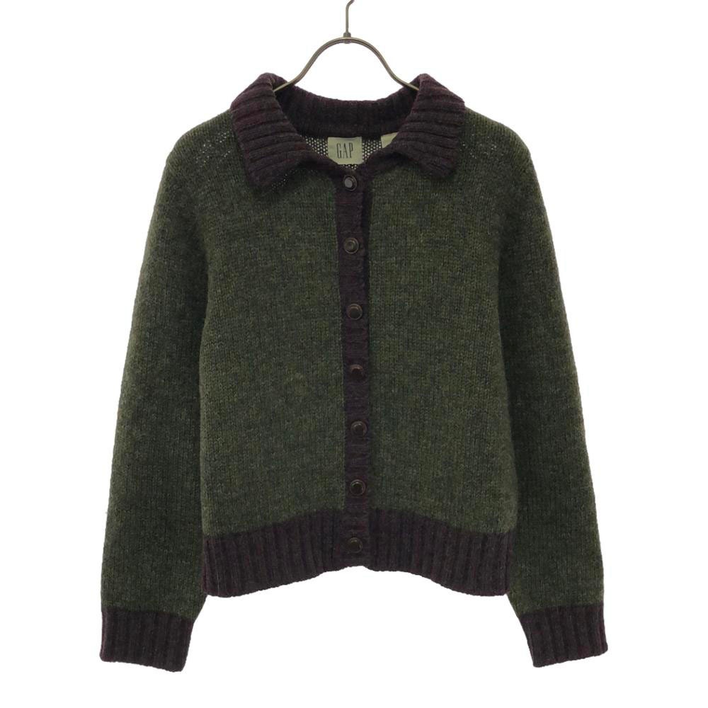 90s ウール オールド 衿付き ニットカーディガン M グリーン×パープル レディース