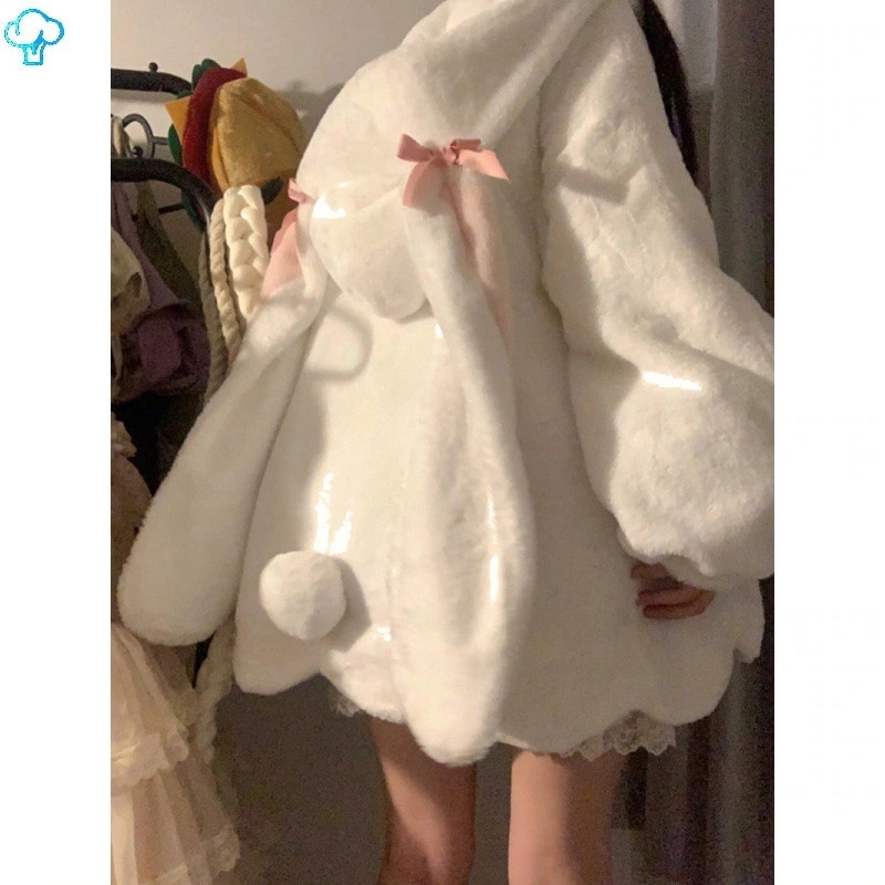 かわいいウサギの耳ラムベルベットスウェットシャツジャケット女性用冬小柄な方向けプラスベルベットの厚みのある毛皮のようなコットンジャケット