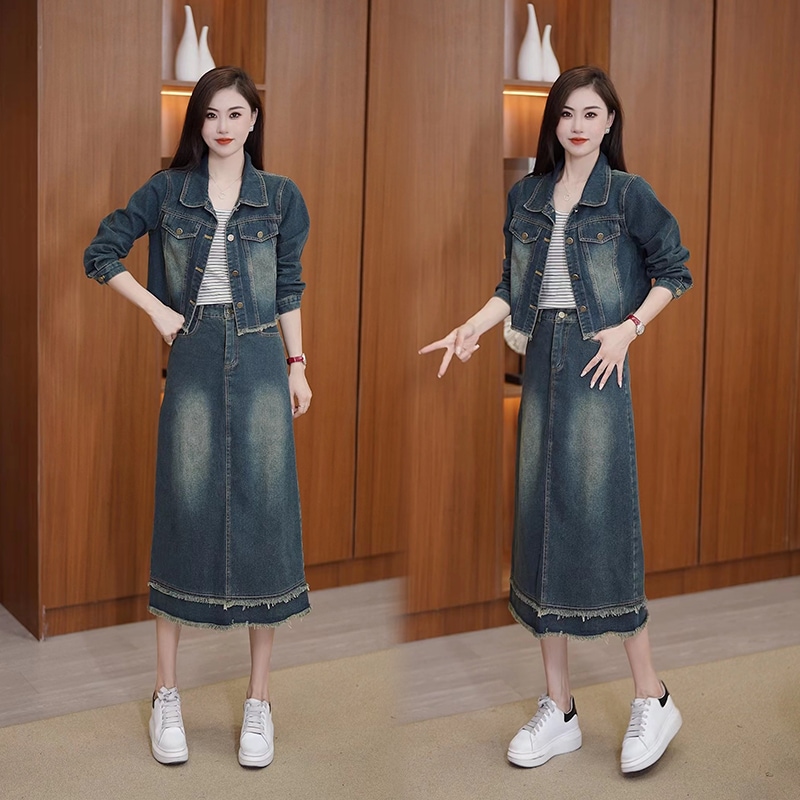 デニムドレスの女性の春と秋の2024新しい年齢を減らすファッションと西洋スタイルの初秋のツーピーススーツスカート