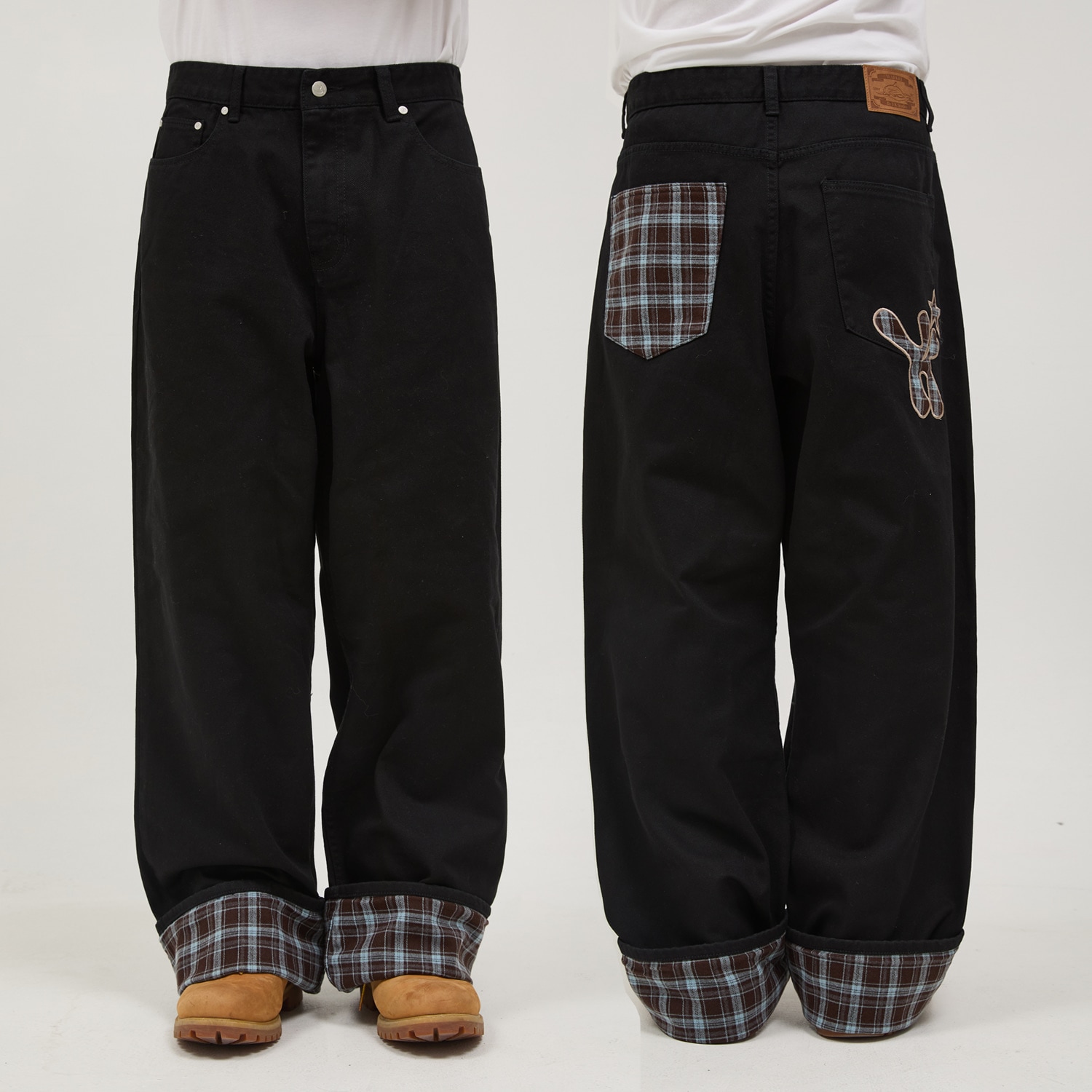 Check Applique Roll Up Cotton Pants BLACK
