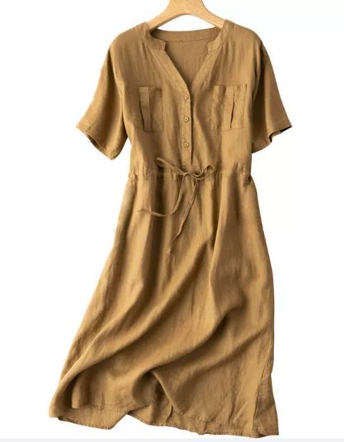 レディース ワンピース シャツワンピ ロング 半袖 5分袖 Vネック Aライン ウエストマーク ウエストリボン ポケット ボタン リネン 大人可愛い シンプル カジュアル レトロ ラフ キュート