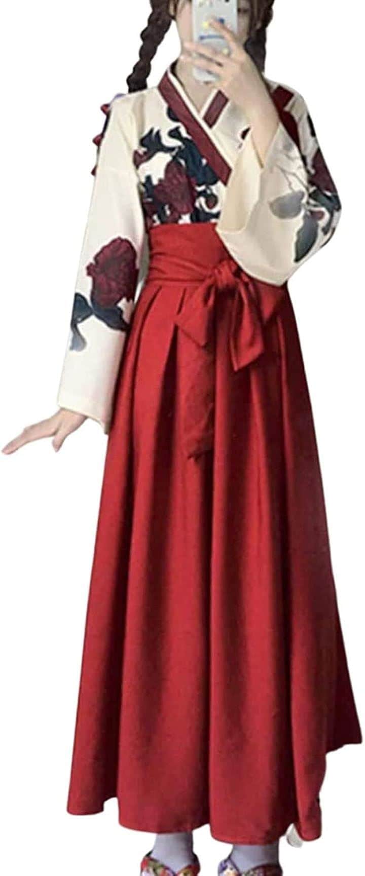 レディレイジー 大正ロマン 袴 和服 着物 和装 コスプレ 衣装 ロング 女装 仮装 レディース 浴衣 薔薇 バラ柄 赤(レッド, L)