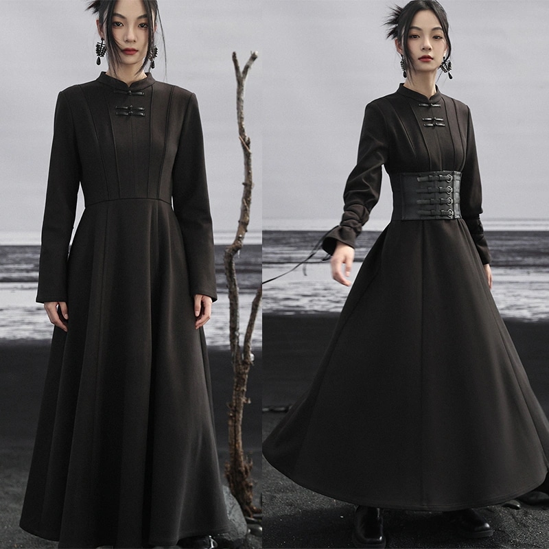 【快速出荷】チャイナ風ワンピース ロング マキシ 長袖 黒 無地 薄ラシャ スタンドカラー Aラインワンピース 暗黒系 レトロ チャイナボタン 着瘦せ